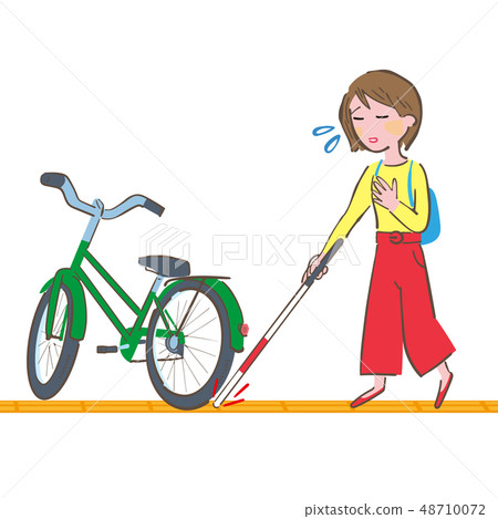A woman walking while checking a braille block with a white cane and a bicycle that is obstructing 48710072