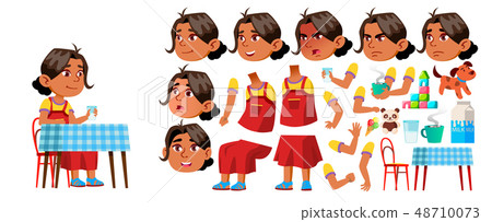 Arab, Muslim Girl Kindergarten Kid Vector. Animation Creation Set. Face Emotions, Gestures. Kiddy 48710073