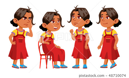 Arab, Muslim Girl Kindergarten Kid Poses Set Vector. Happy Children Character. Babysitting. For 48710074