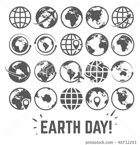 Globe icons set. World earth day card with globe map internet global commerce tourism vector symbols Globe icons set. World earth day card with globe map internet global commerce tourism vector symbols 48712201