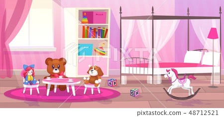 Bed room girl. Child bedroom interior girls apartment toys girly storage decor furniture kid 48712521
