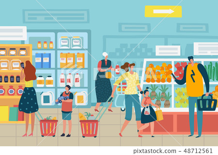 People in store. Customer choose food supermarket family cart shopping product assortment grocery 48712561