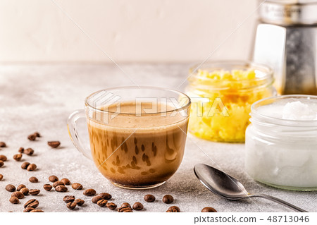 Coffee blended with ghee butter and MCT coconut Coffee blended with ghee butter and MCT coconut 48713046