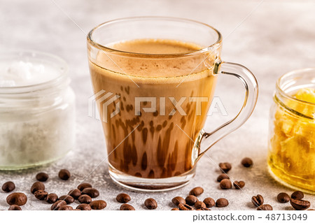 Coffee blended with ghee butter and MCT coconut Coffee blended with ghee butter and MCT coconut 48713049