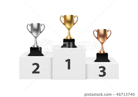 Vector 3d Blank Golden, Silver and Bronze Champion Cup on Winner Podium Closeup Isolated. Design Vector 3d Blank Golden, Silver and Bronze Champion Cup on Winner Podium Closeup Isolated. Design 48713740