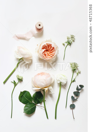Summer botanical floral composition. Apricot English roses, ranunculus, astrantia flowers Summer botanical floral composition. Apricot English roses, ranunculus, astrantia flowers 48715368