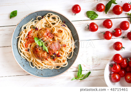 Spaghetti with meatballs and tomato sauce on a plate 48715461