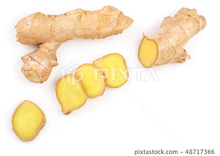 fresh Ginger root and slice isolated on white background with copy space for your text. Top view 48717366