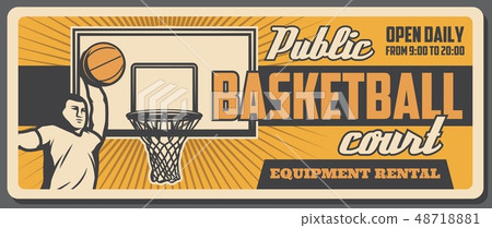 Public basketball court, player and ball in basket Public basketball court, player and ball in basket 48718881