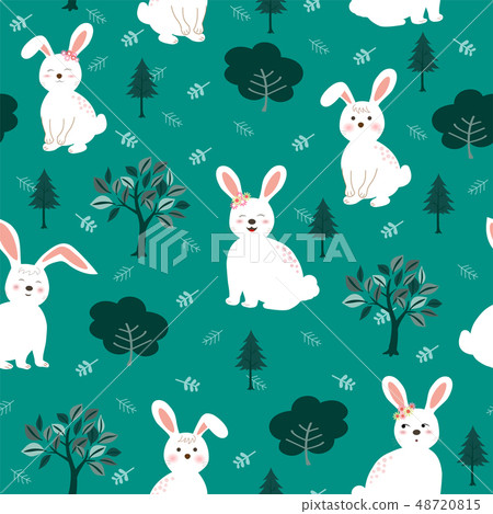 White rabbits seamless pattern on green background - Stock Illustration ...
