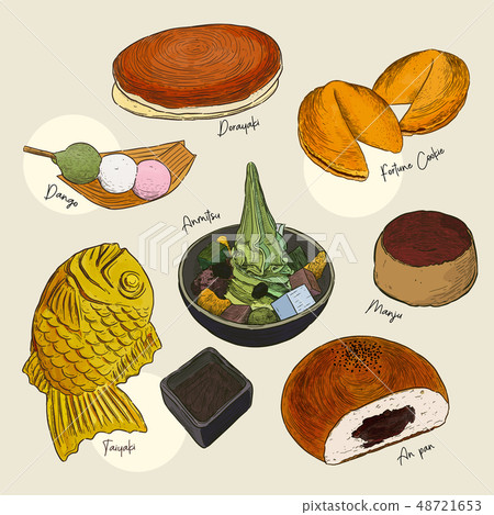 Popular kind of sweets Japanese set. hand draw Popular kind of sweets Japanese set. hand draw 48721653