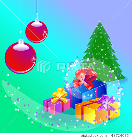Christmas card with decorated tree and gift boxes. - Stock Illustration ...