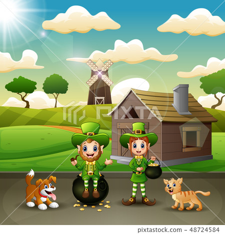 Happy leprechaun with a pot of gold on the farm 48724584