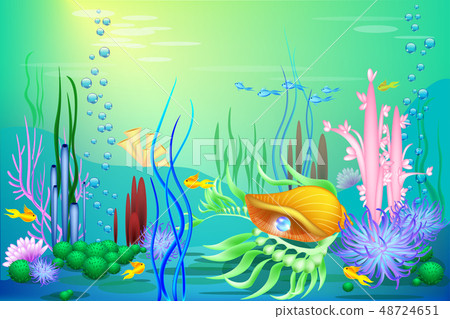 Vector Undersea world with a golden seashell and 48724651