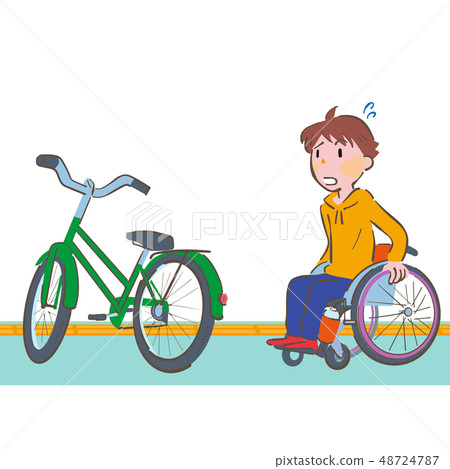 在人行道上有輪椅的自行車遇到麻煩但不能進行的插圖 48724787