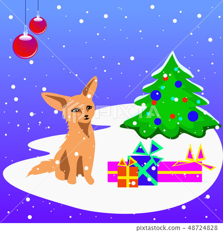 vector christmas card with fox cub, tree and vector christmas card with fox cub, tree and 48724828