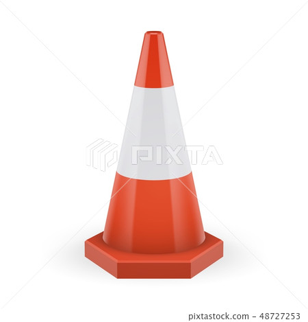 Orange traffic cone on a polygonal base with white stripe 48727253