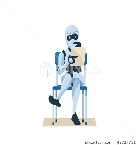 Robot Sit on Chair Hold Resume Wait Job Interview Robot Sit on Chair Hold Resume Wait Job Interview 48727751