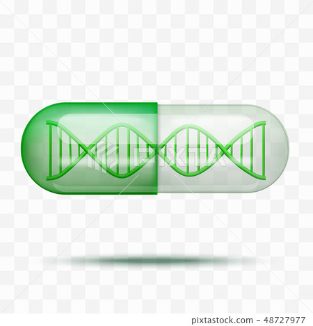 Close green capsule pill with dna molecule structure inside in realistic style. Close green capsule pill with dna molecule structure inside in realistic style. 48727977