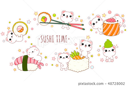 Cute polar bears with japanese sushi and rolls 48728002