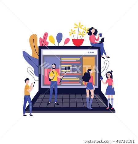 Vector illustration of bloggers creating content and followers reading and watching posts in blog. Vector illustration of bloggers creating content and followers reading and watching posts in blog. 48728191