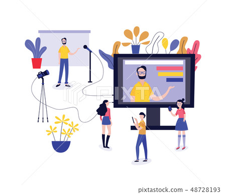 Male blogger recording or streaming online video and his followers watching his vlog. 48728193