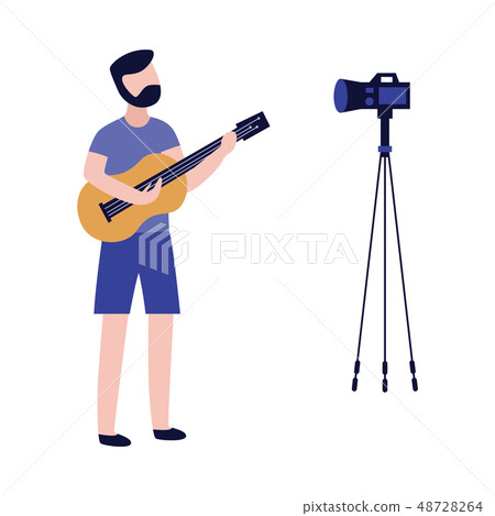 Young man playing guitar and recording video with camera in flat style. Young man playing guitar and recording video with camera in flat style. 48728264