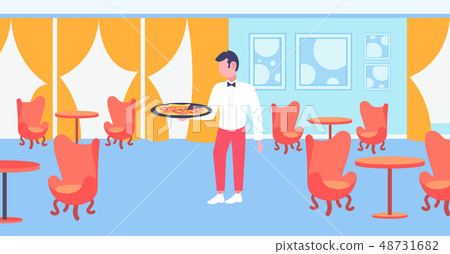 waiter holding plate with hot pizza restaurant hospitality staff modern cafe interior horizontal 48731682