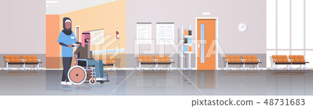disabled arab man patient in wheelchair with african arabic nurse walking in hospital corridor hall disabled arab man patient in wheelchair with african arabic nurse walking in hospital corridor hall 48731683