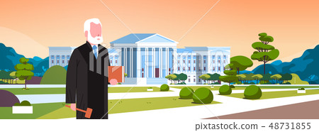 judge man court worker in judicial robe holding book and hummer standing in front of courthouse 48731855