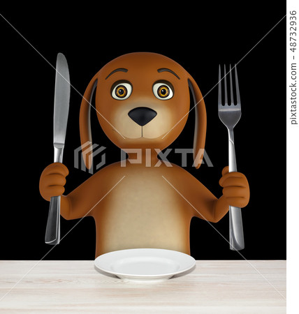 Hungry cartoon dog with empty bowl holds a knife and fork. isolated on black background. 3d render 48732936