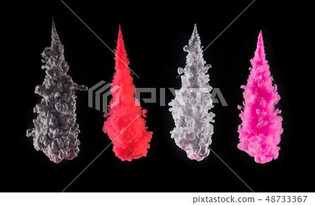 Coloured acrylic ink mixing in water on black 48733367
