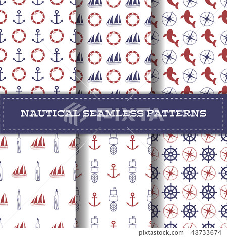 Set of vector line art nautical seamless patterns 48733674
