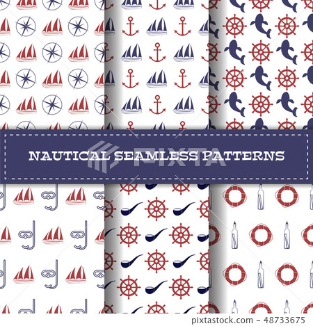 Set of vector line art nautical seamless patterns 48733675