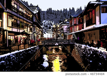 Ginzan hot spring with snowy scenery Ginzan hot spring with snowy scenery 48734484