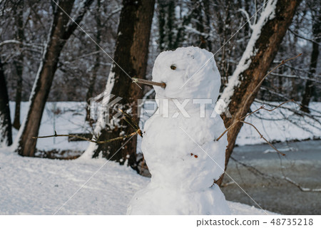 Snowman On Footpath By Frozen Lake Snowman On Footpath By Frozen Lake 48735218