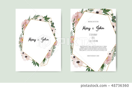 Botanical wedding invitation card template design, white and pink flowers on white background. 48736360