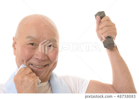Japanese senior with muscle training in dumbbells 48738083