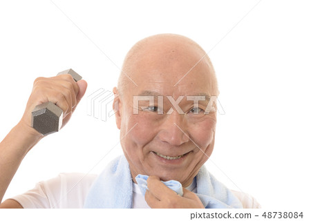 Japanese senior with muscle training in dumbbells 48738084