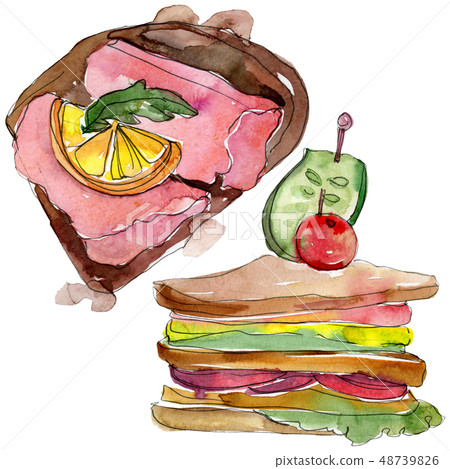 Sandwich in a watercolor style isolated. Watercolour fast food illustration element on white 48739826