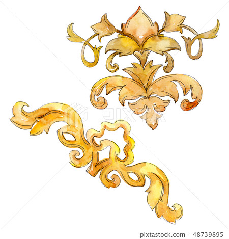Gold monogram floral ornament. Baroque design isolated elements. Watercolor background illustration 48739895