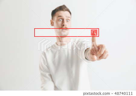 Businessman hand touching empty virtual screen 48740111