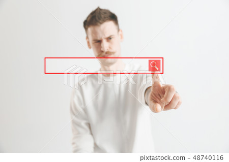 Businessman hand touching empty virtual screen 48740116