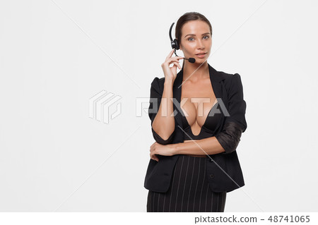 Lady with deep neckline and head microphone 48741065