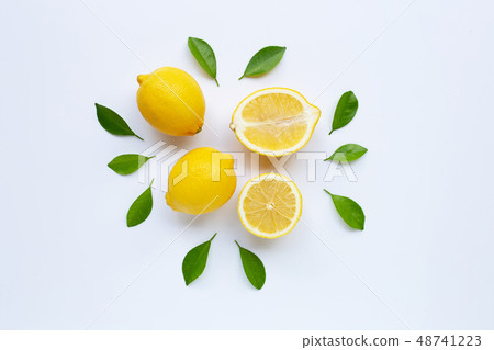 Lemon and slices with leaves isolated on white. 48741223