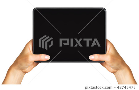 Women's hand showing black tablet, concept of taking photo or selfie 48743475