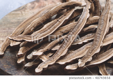 Slices of dried lingzhi reishi mushroom Slices of dried lingzhi reishi mushroom 48743658