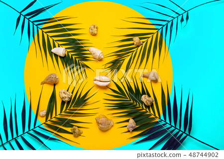 Flat lay traveler accessories with palm leaf, 48744902