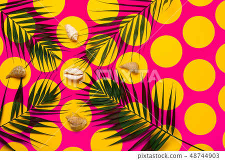 Flat lay traveler accessories with palm leaf, Flat lay traveler accessories with palm leaf, 48744903