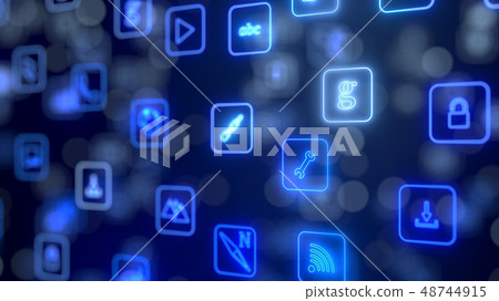 flow of smartphone app icons. neon style glowing icons. 3d illustration flow of smartphone app icons. neon style glowing icons. 3d illustration 48744915